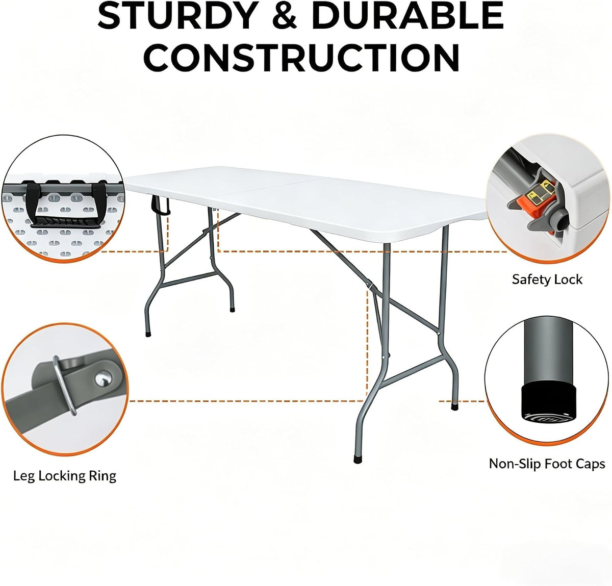 Folding Table 6ft Foldable Table with Built in Handle & Steel Legs / 6FT Heavy Duty Folding Portable,Perfect for Party, Dining Indoor/Outdoor Events, Tailgating & Backyard BBQ,White
