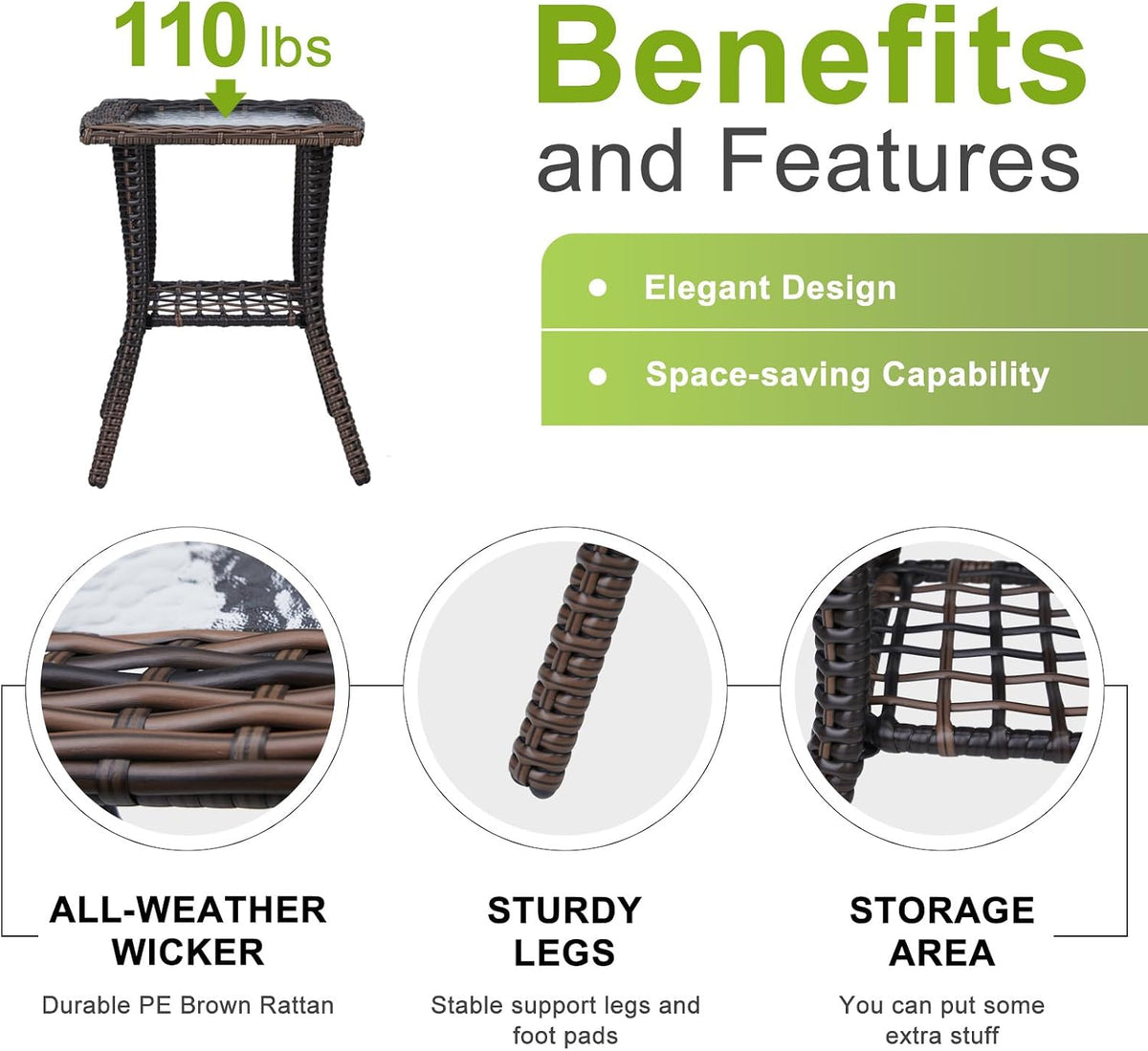 Outvita Rattan Outdoor Side Table with Glass Top & Storage Shelf