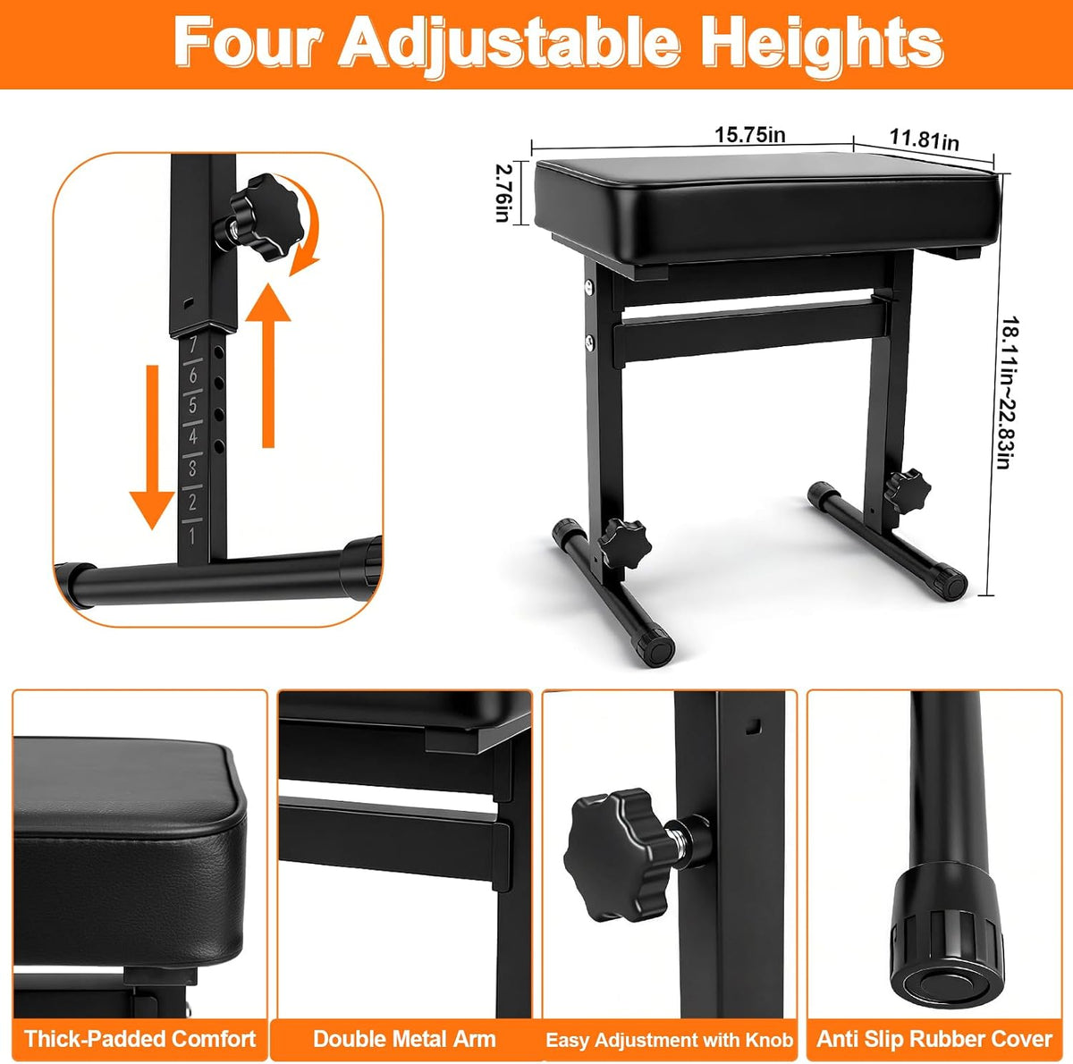 firstar adjustable piano bench 18.11" to 22.83", durable, close-up detail