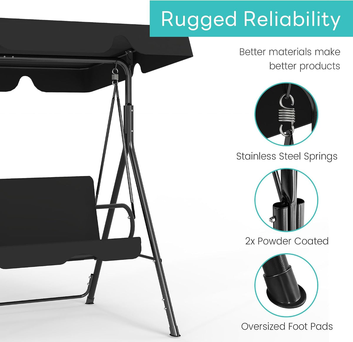 murago 3-seat patio swing chair, outdoor porch swing showing dimensions