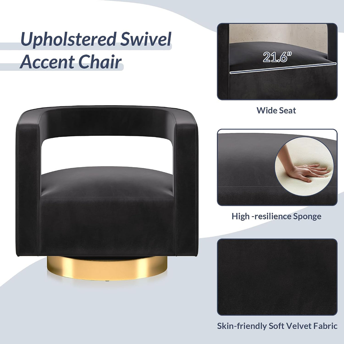 BELLEZE Swivel Barrel Accent Chair Set of 2, Modern Upholstered Arm Comfy Velvet Curved Back Round Chair with Gold Base Wood Frame, 360 Degree for Living Room Bedroom Office,Black