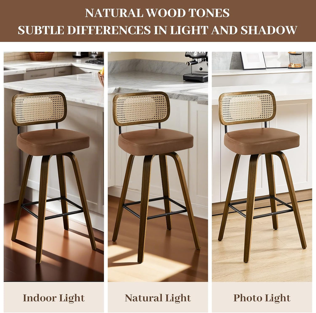 Bekrvio Swivel Bar Stools Set of 4, Upholstered Faux Leather Barstools with Rattan Back, 29" Seat Height Bar Chairs for Kitchen Island, Bentwood Wood Frame, Brown