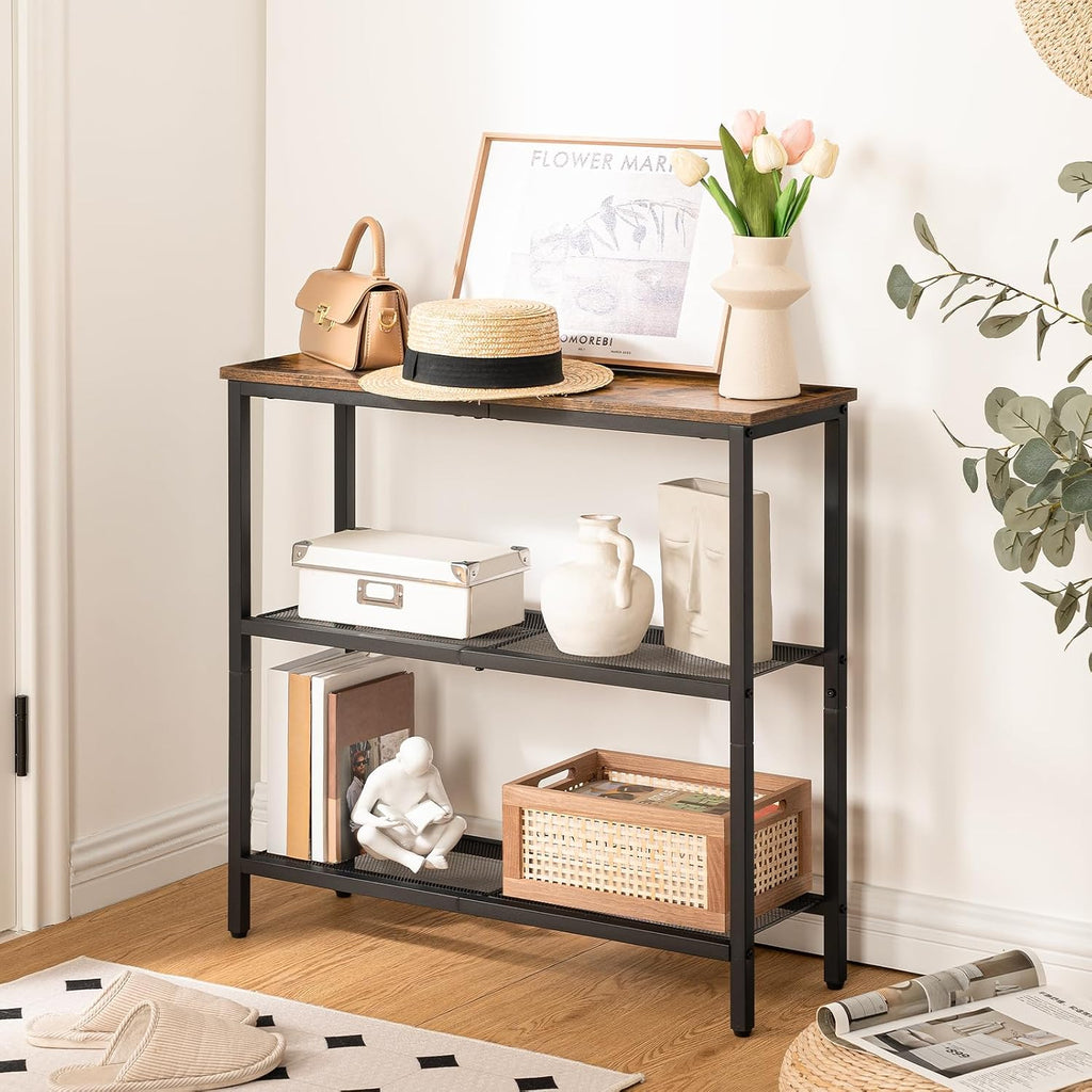 HOOBRO 29.5" Narrow Console Table, 3-Tier Entryway Table, Thin Sofa Table with Shelves, Side Table, Display Table, for Hallway, Entrance, Living Room, Bedroom, Rustic Brown and Black BF73XG01