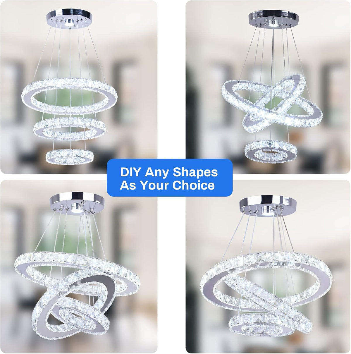 3-Ring Crystal Pendant Light, Adjustable LED, Cool White