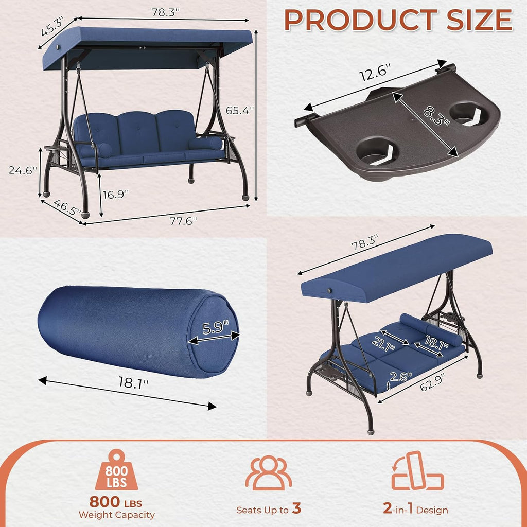 TLSUNNY Outdoor Porch Swing with Adjustable Canopy & 2 Pillows, 800 lbs