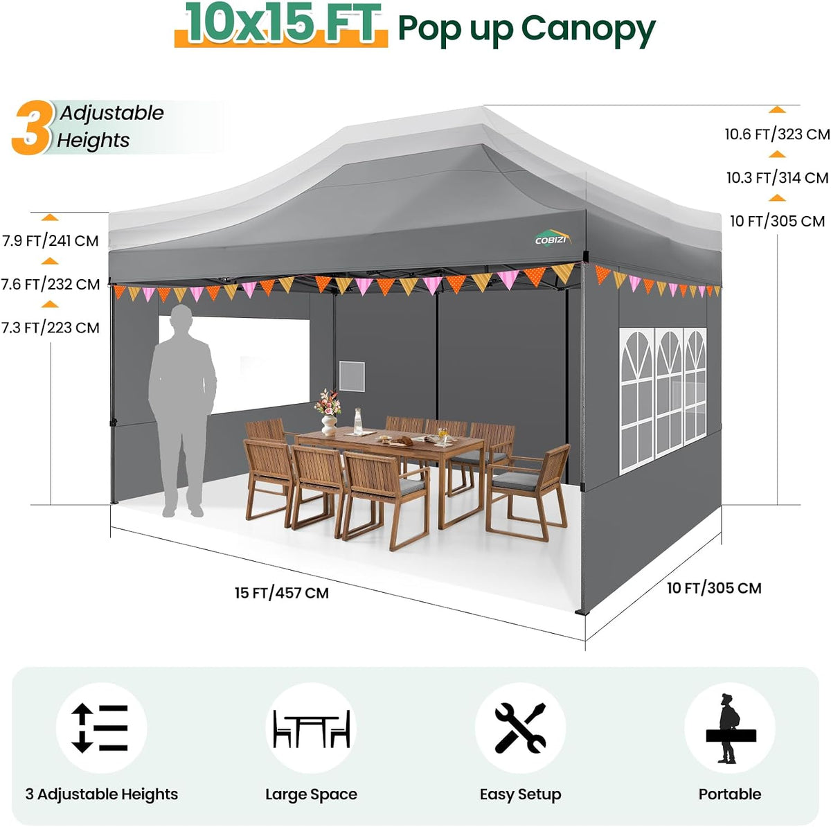 COBIZI 10x15 Heavy Duty Pop up Canopy Tent with Sidewalls Commercial Canopy