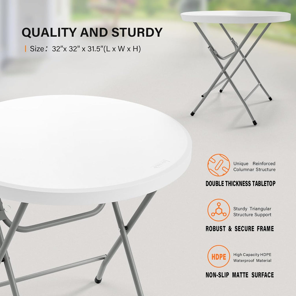 VINGLI 32" Round Folding Commercial Banquet Table, Portable Plastic Coffee Card Dining Table for Kitchen or Outdoor Party Wedding Event, 1 Pack, White