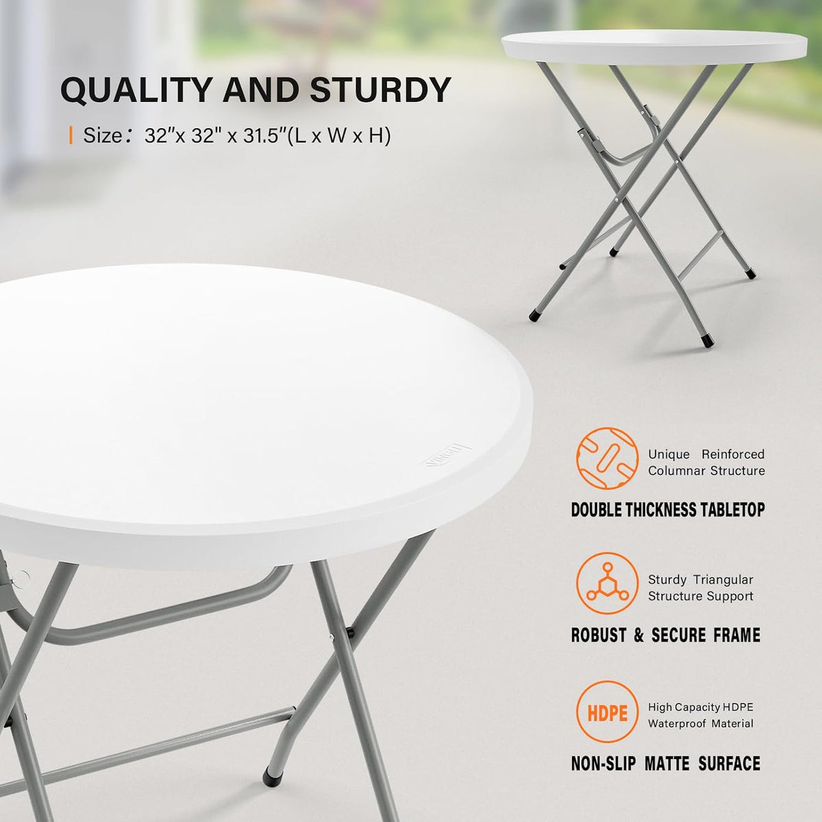 VINGLI 32" Round Folding Commercial Banquet Table, Portable Plastic Coffee Card Dining Table for Kitchen or Outdoor Party Wedding Event, 1 Pack, White