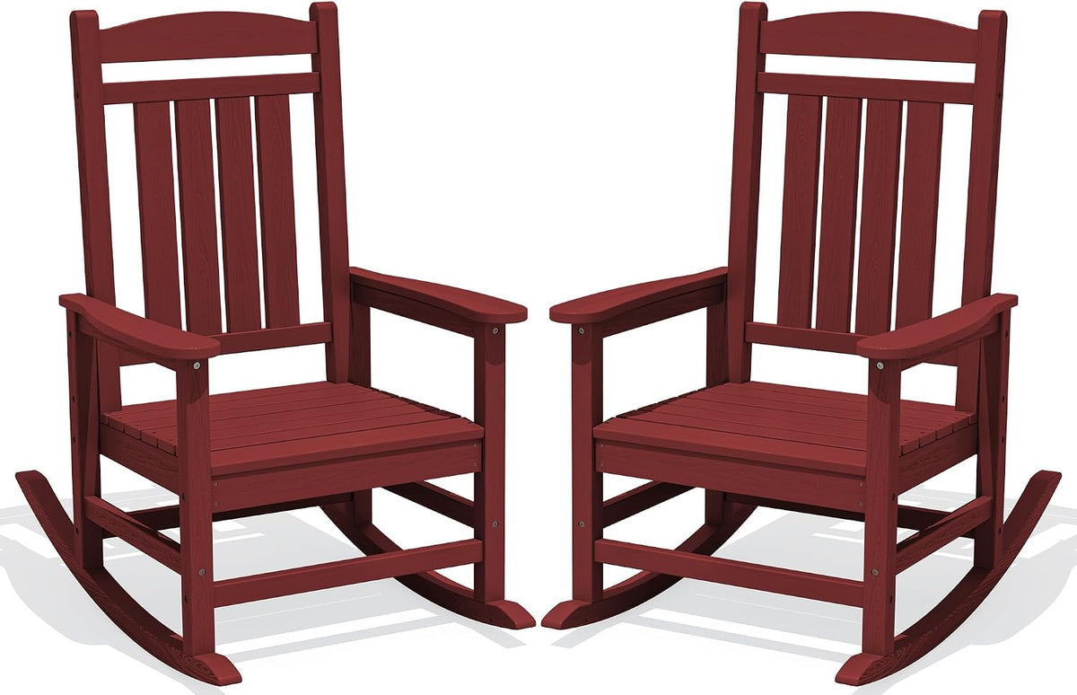 KINGYES Oversized Outdoor Rocking Chairs Set of 2, HDPE Porch Rockers, Red