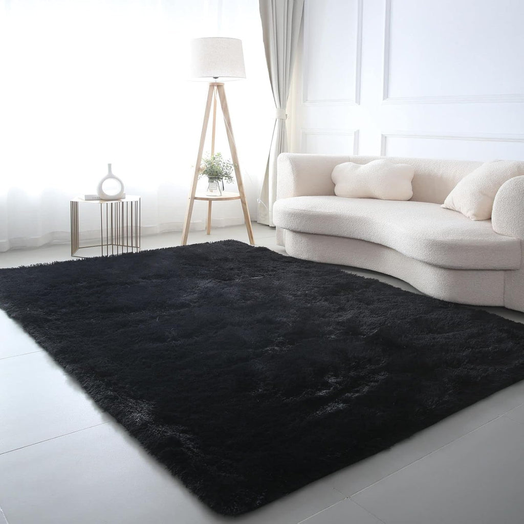 Black Shag Area Rug 6x9 for Living Room - Soft Non-Skid Carpet Modern Decor