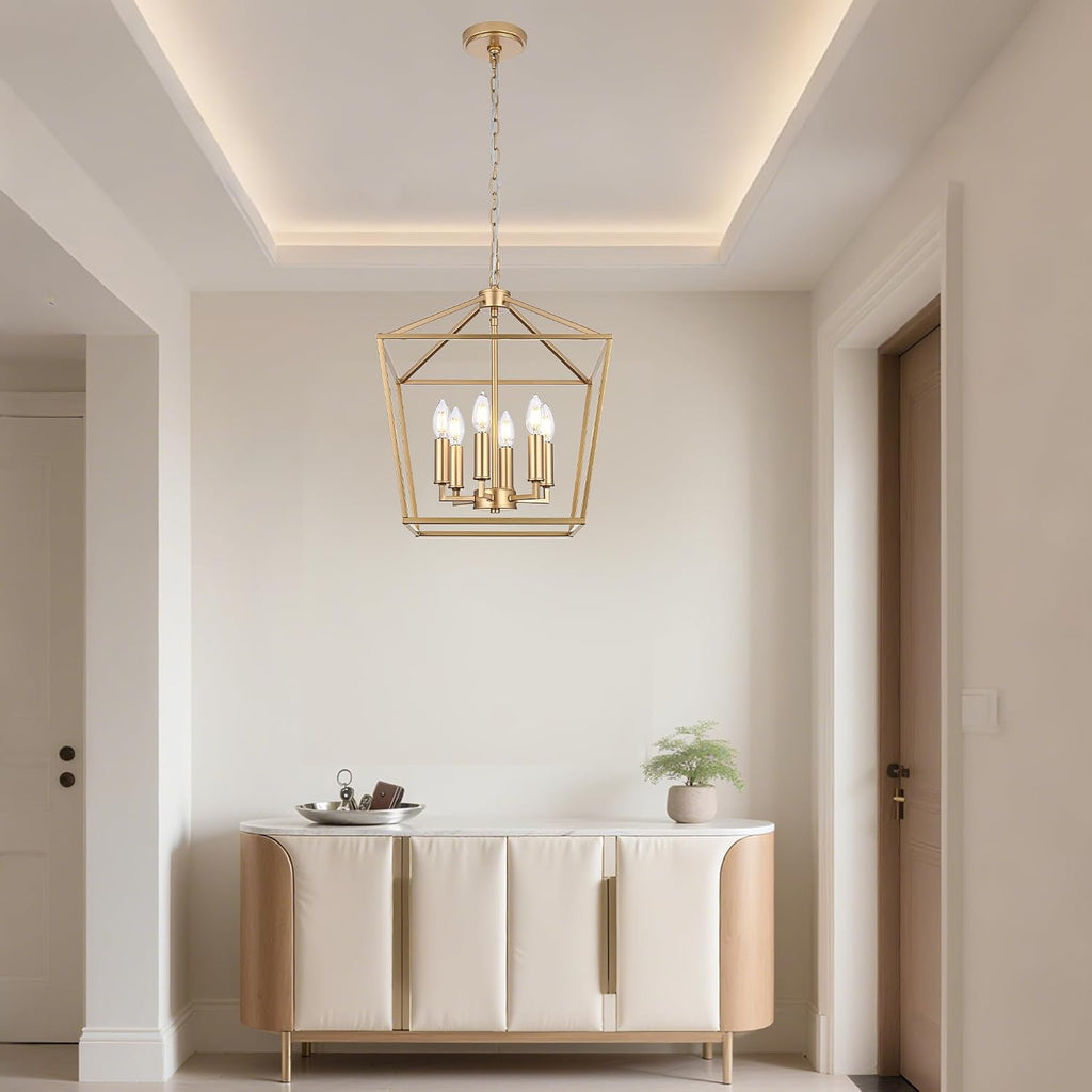 gold farmhouse chandelier, 6-light lantern pendant light fixture shown in use