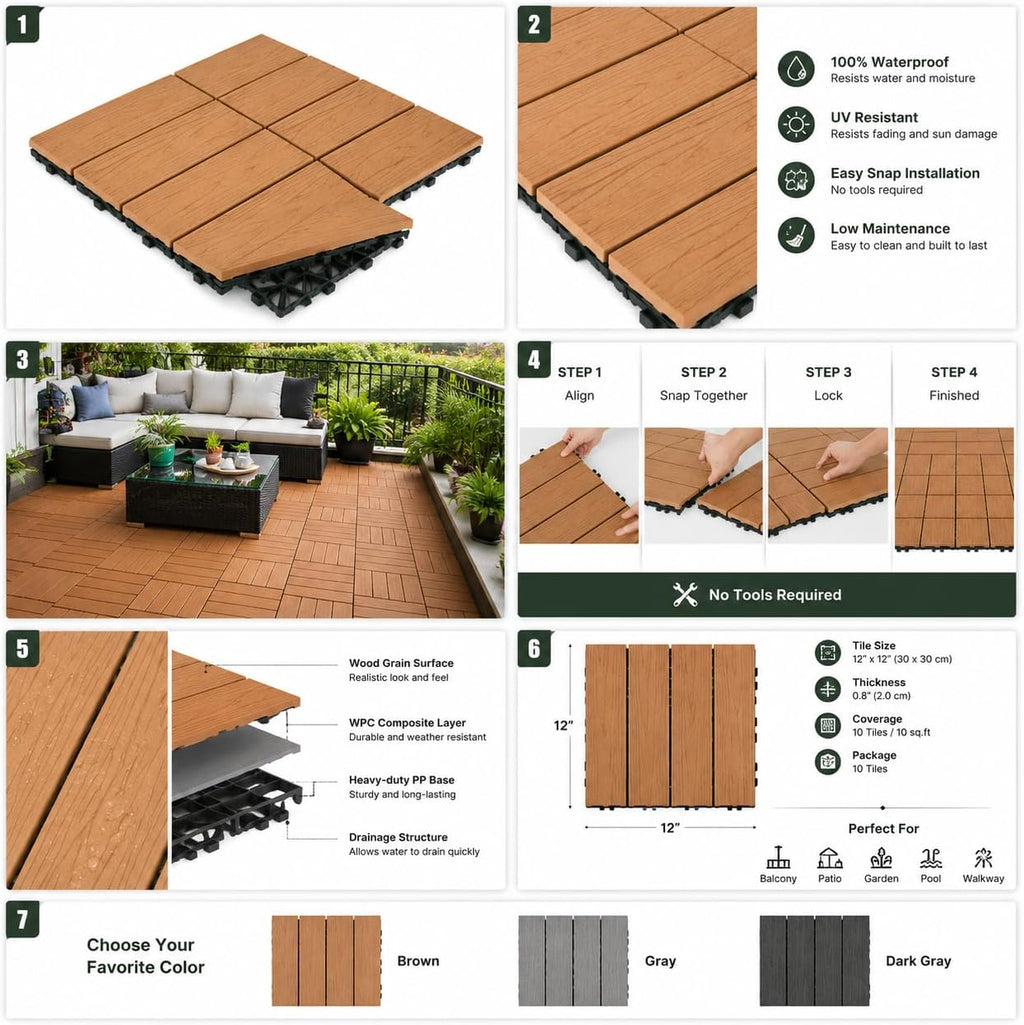 interlocking wpc decking tiles – 12”x12” rosewood outdoor showing dimensions