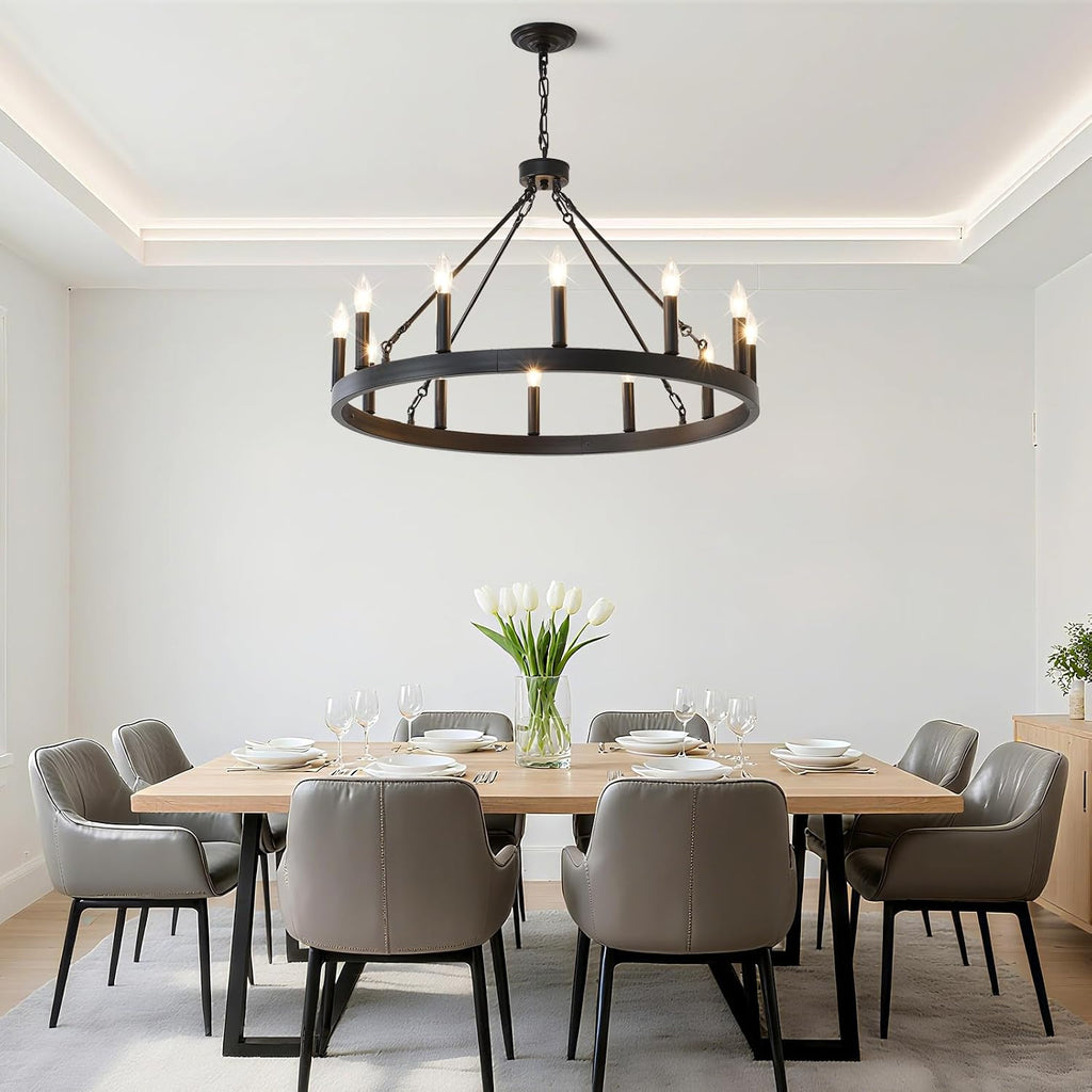 32" wagon wheel light fixture 12-light black round, close-up detail