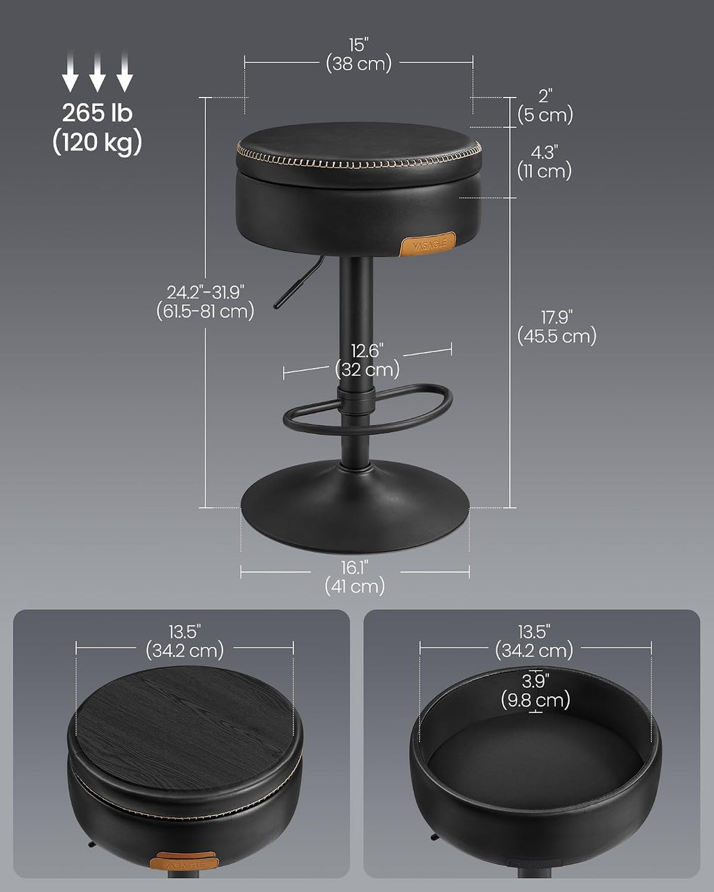 vasagle 360° swivel bar stool, height adjustable, with, close-up detail