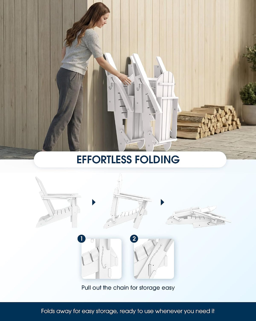 MUCHENGHY Folding Adirondack Chairs Set 2, HDPE for Fire Pit, White (Set of 2)
