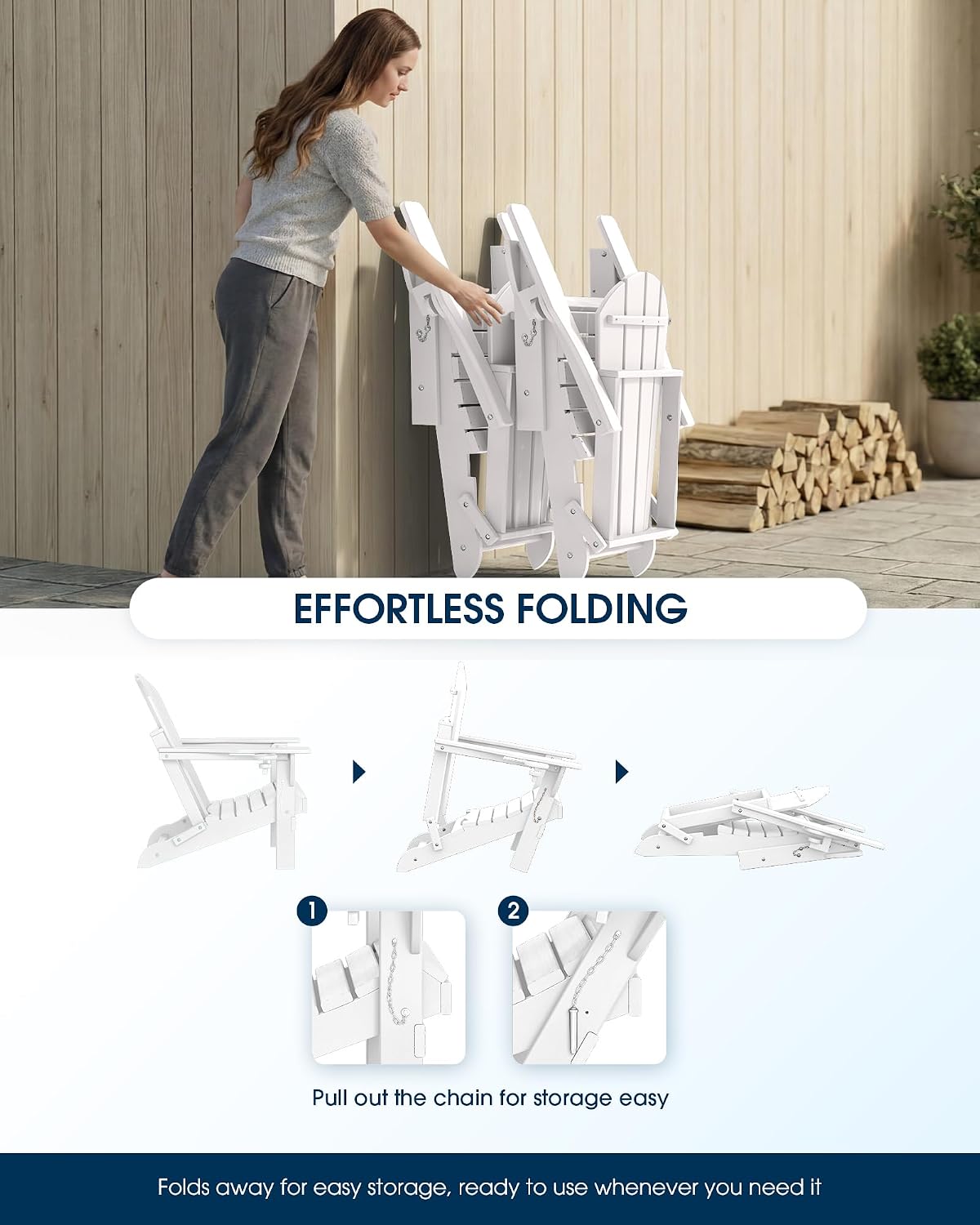 MUCHENGHY Folding Adirondack Chairs Set 2, HDPE for Fire Pit, White (Set of 2)