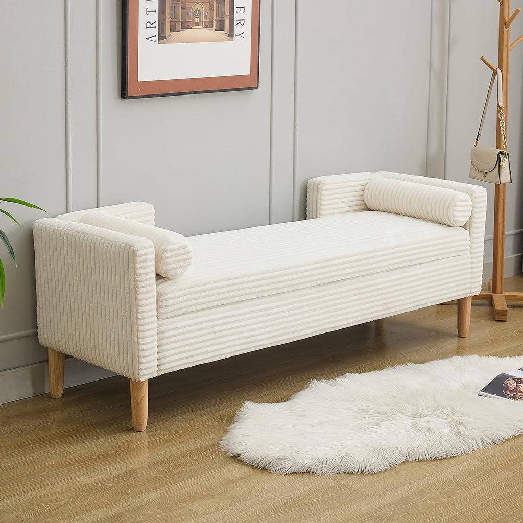NIOIIKIT 65" Corduroy Upholstered Storage Ottoman Bench with Pillows White