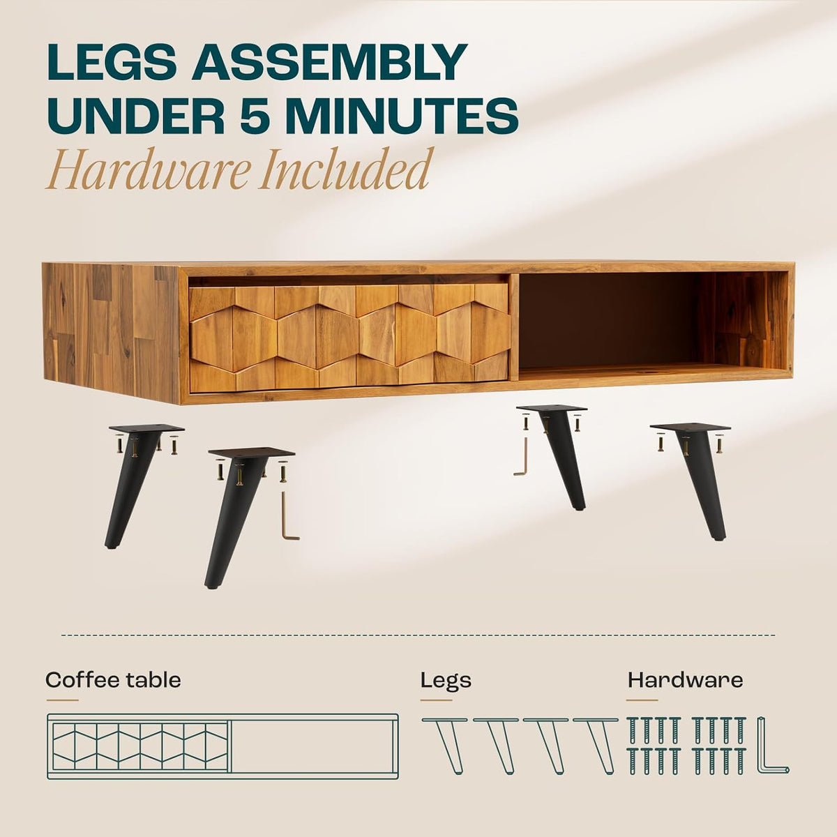 Bme Georgina Solid Wood Coffee Table, 2 Drawers & Open Shelves, Teak Brown