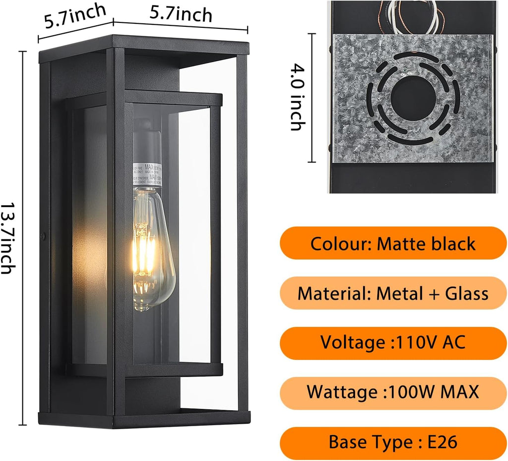 14" Black Outdoor Light Fixture, E26 Outdoor Wall Lantern 2-Pack
