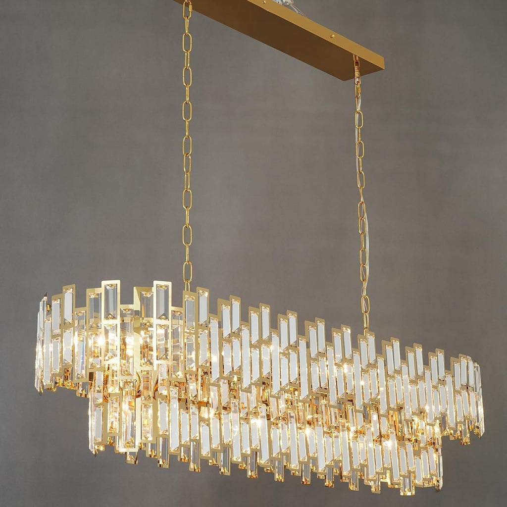 51 Inch Modern Large Crystal Chandelier Light Luxury Gold Rectangular Chandeliers for Dining Room Contemporary Oval Kitchen Island Bar Pendant Ceiling Lamp(Preinstalled K9 Crystals)