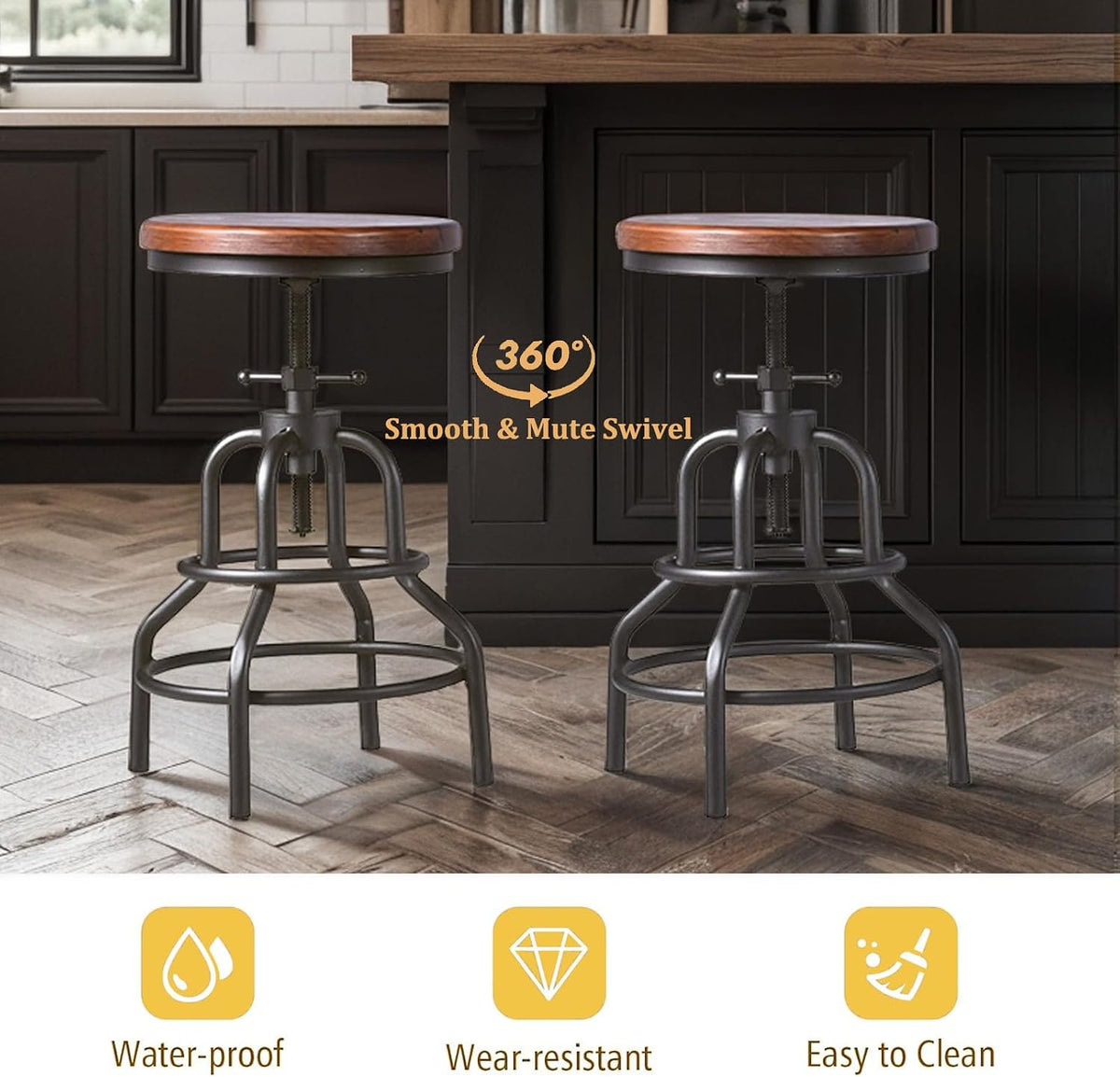 LOKKHAN Vintage Industrial Bar Stool-Rustic Swivel Barstools-Round Wood Metal Base-Kitchen Counter Height Adjustable Pipe Stool-Cast Steel Chairs 20-27 Inch (Set of 2)