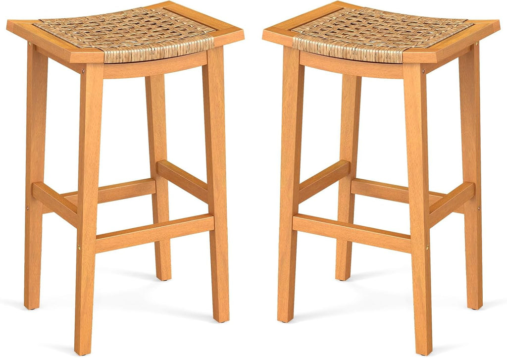 GIANTEX Outdoor Wooden Bar Stools Set of 2, 29" Backless Patio Barstools with PE Rattan Saddle Seat & Footrest, Solid Acacia Wood Bar Height Stools for Porch, Garden, Backyard, Poolside, Armless