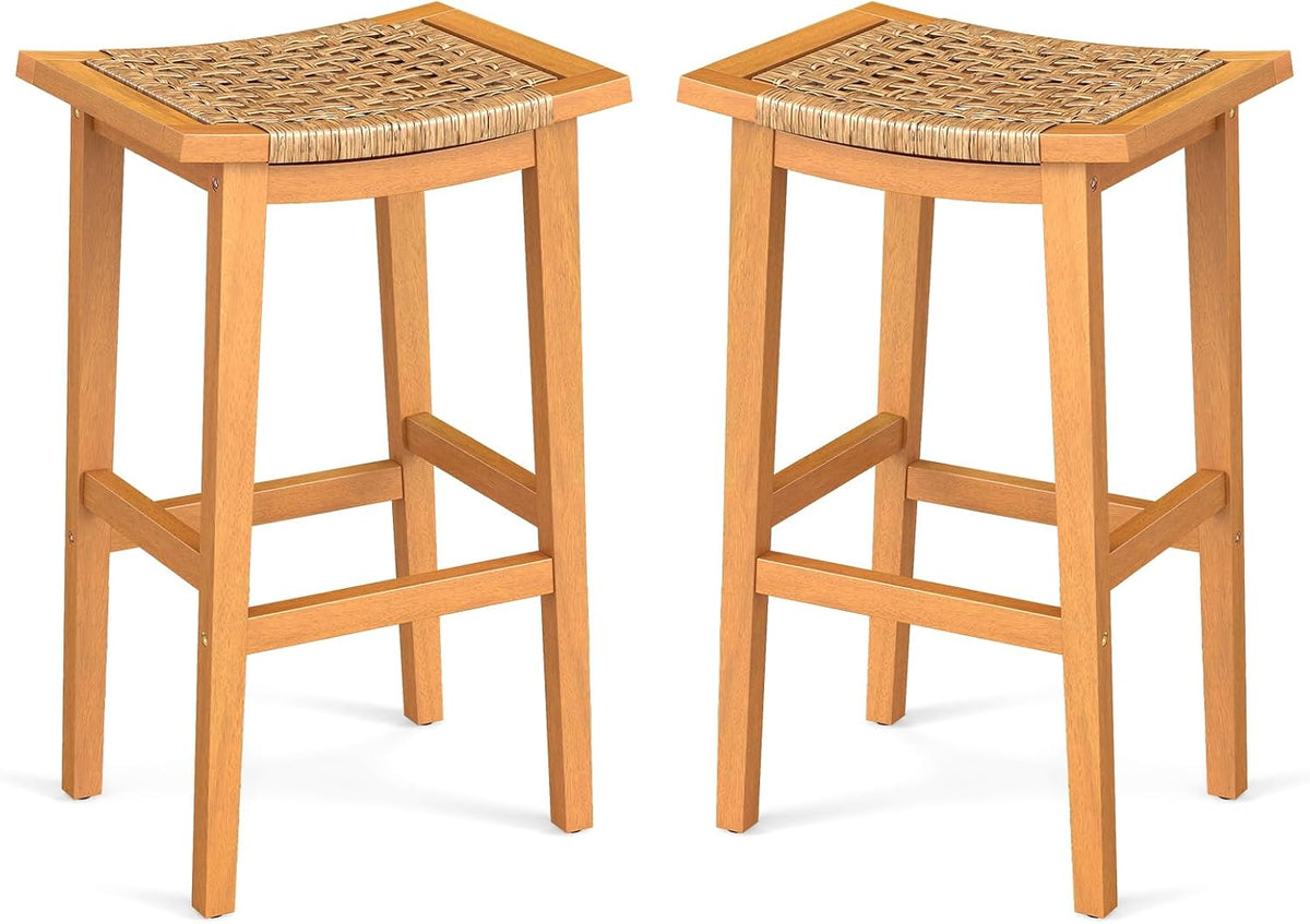 GIANTEX Outdoor Wooden Bar Stools Set of 2, 29" Backless Patio Barstools with PE Rattan Saddle Seat & Footrest, Solid Acacia Wood Bar Height Stools for Porch, Garden, Backyard, Poolside, Armless