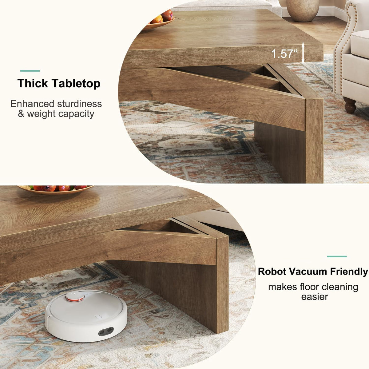 LVB 47 Inch Modern Wood Coffee Table for Living Room, Annual Ring Wood