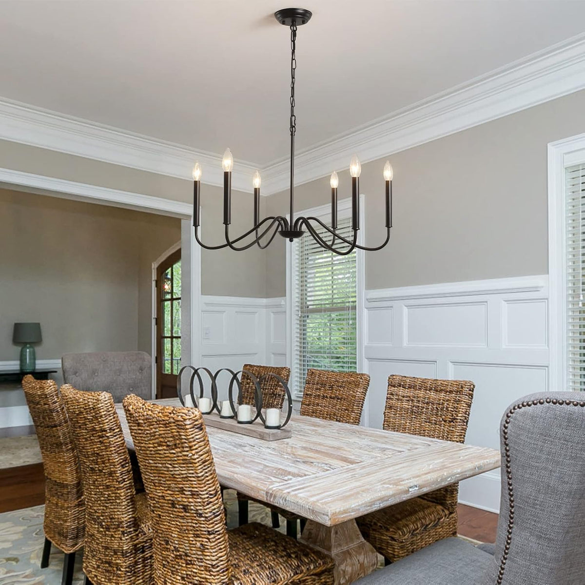 6-Light Black Farmhouse Chandelier, Rustic Candle Dining Room Light Fixture