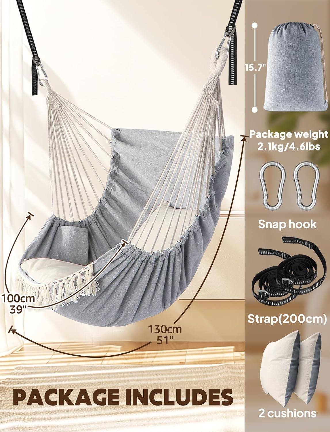 chihee hammock chair with strong webbing straps hooks, side view