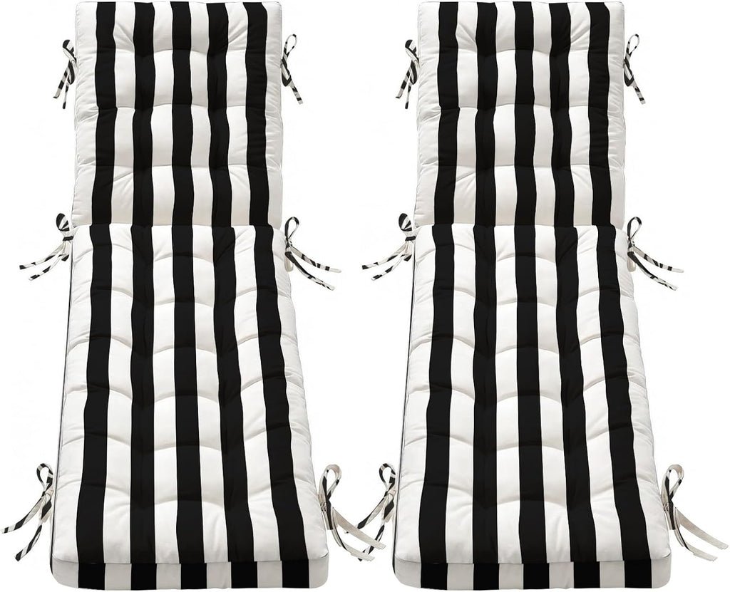 Folding Chaise Lounge Cushion Quick Dry(Black-White Stripe,72IN×21IN-2PACK)