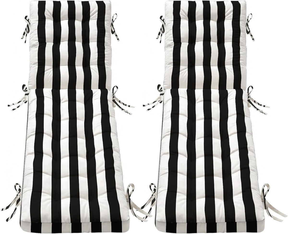 Folding Chaise Lounge Cushion Quick Dry(Black-White Stripe,72IN×21IN-2PACK)