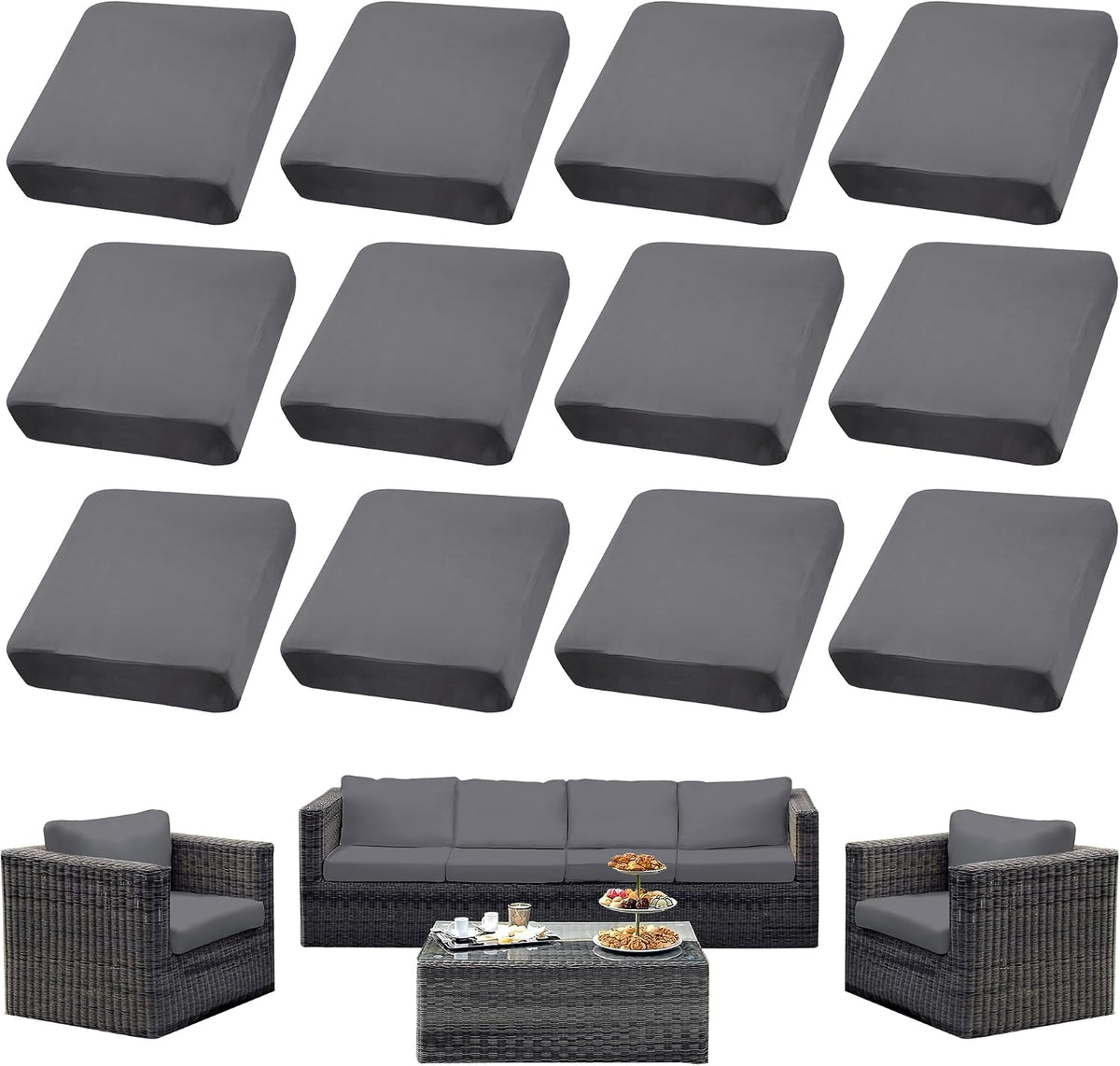 8PCS Patio Cushion Covers.Patio Furniture Couch SeatSlipcovers (Grey, 12PCS)