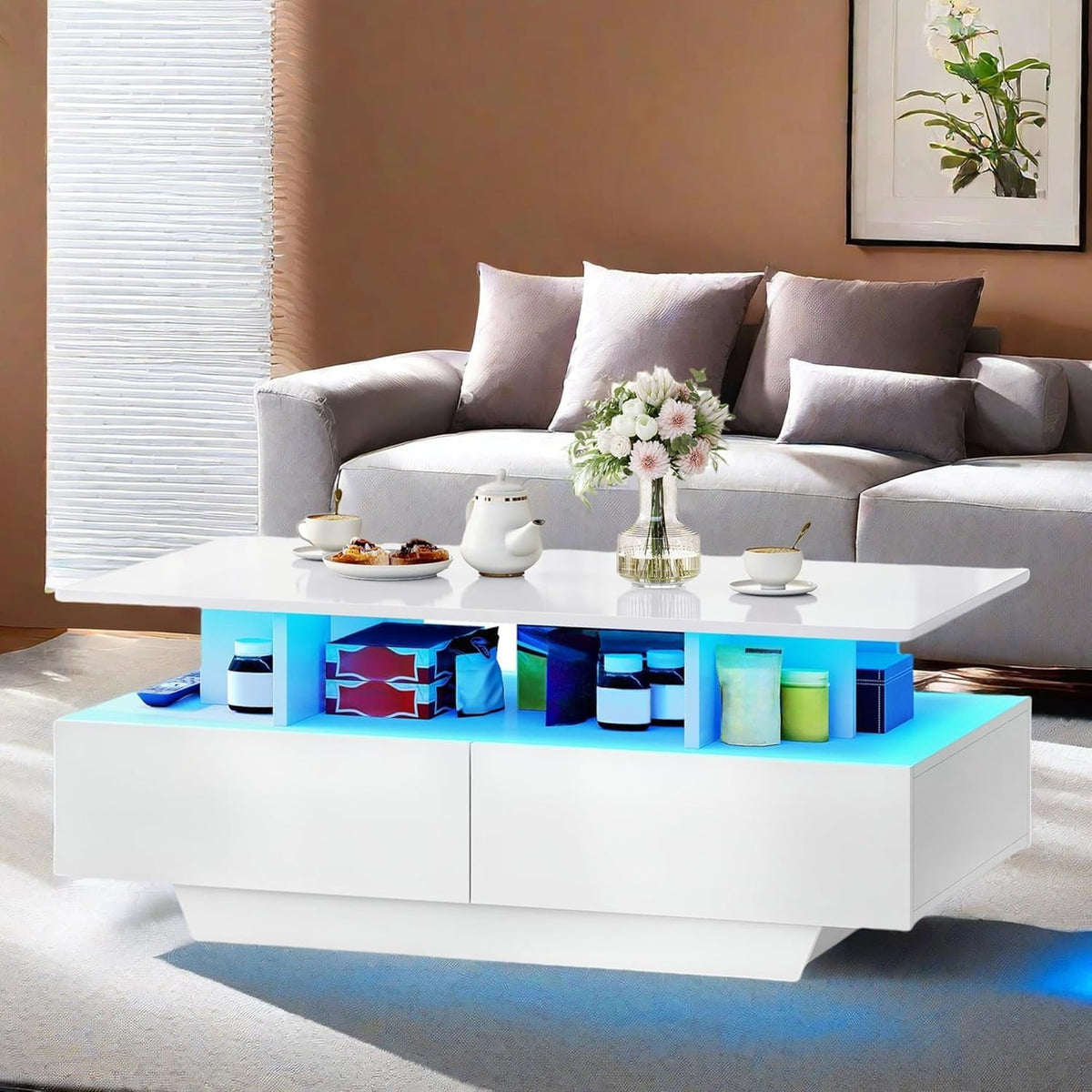 DWVO LED Coffee Table with Storage 4 Drawers, Modern High Glossy Coffee Tables for Living Room, White Rectangle Coffee Table Small Center Table with Open Display Shelf & Sliding Drawers, White