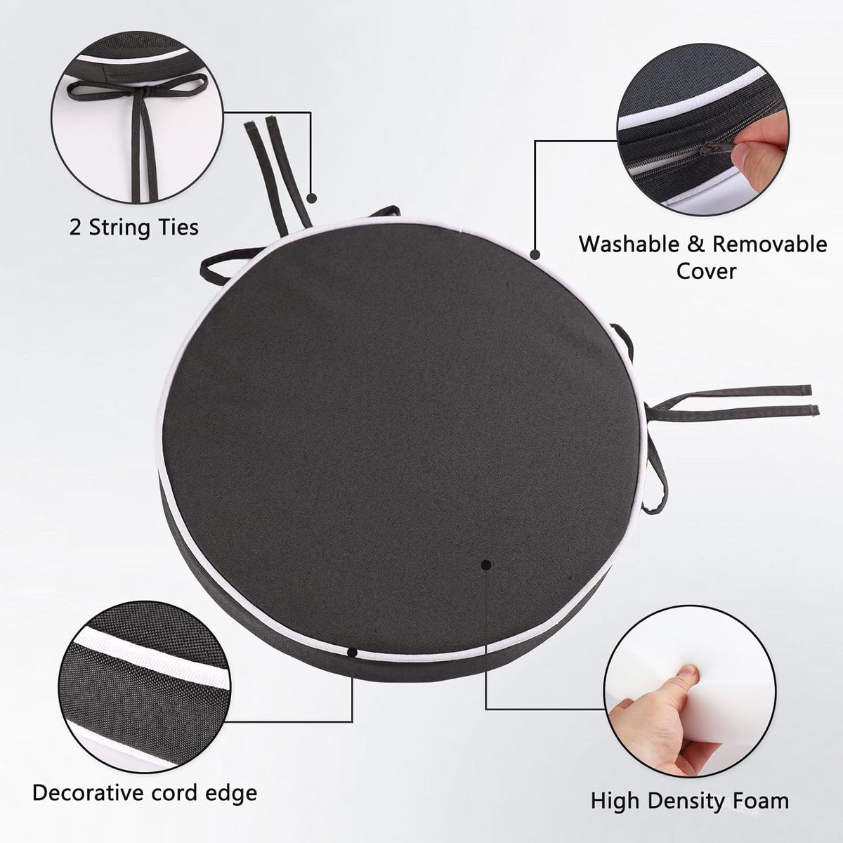 Outdoor Diameter 16 Inch Round Bistro Chair Cushion, Waterproof & Fade-Resistant Circular Seat Pad with Ties for Patio Furniture, Set of 2, Black