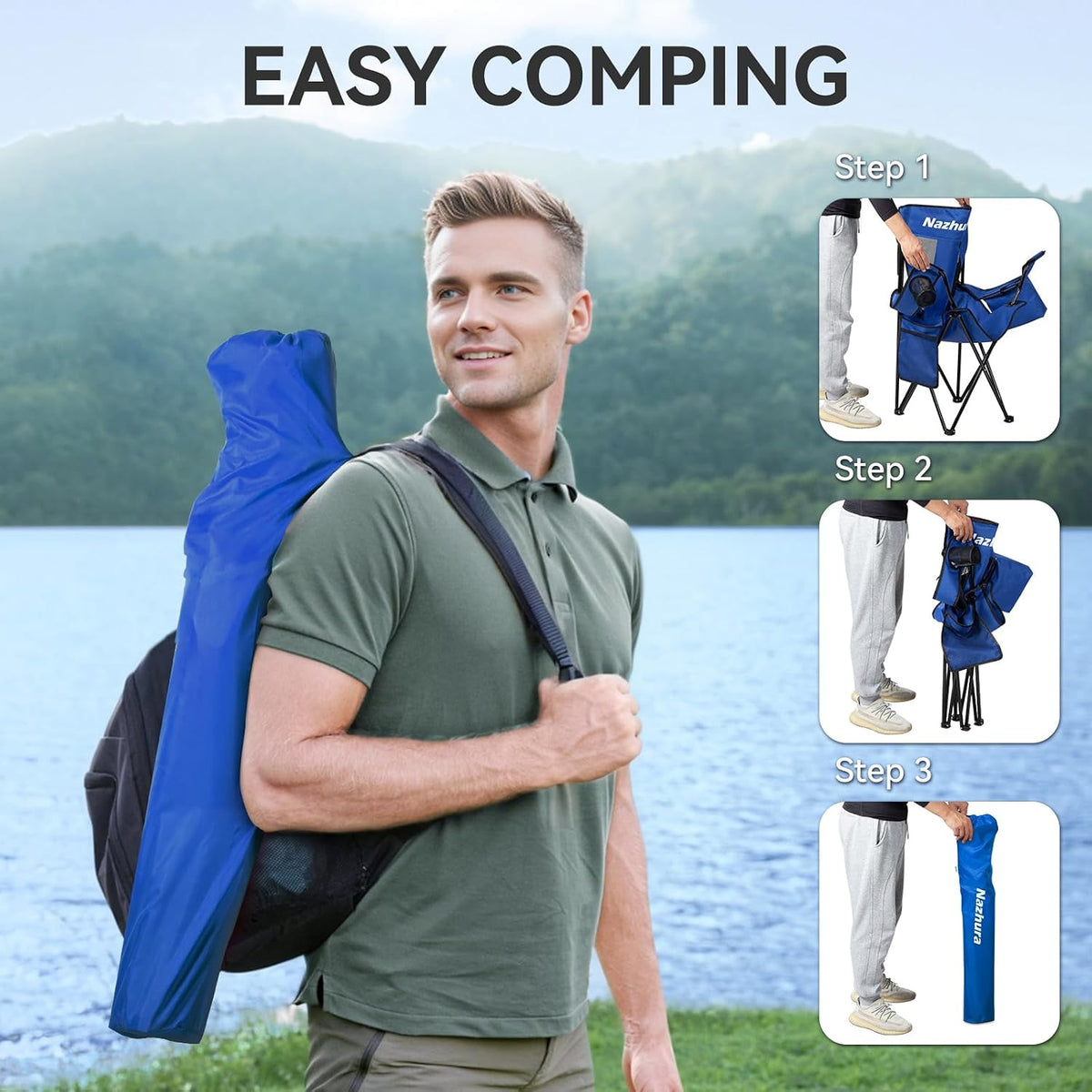 Nazhura 4 Pack Outdoor Camping Chairs Folding/Foldable/Portable with Cooler Pouch, Mesh Backrest and Cup Holder Pocket (Blue, Metal, 4 Pack)