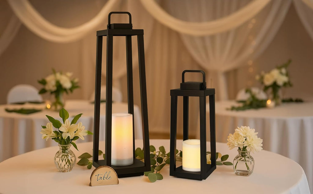 Integrated LED Solar Lantern Outdoor Large H24 Inch Black Metal Decorative Solar Light with Flickering Candle Waterproof Patio Lantern for Garden Pathway Porch Yard