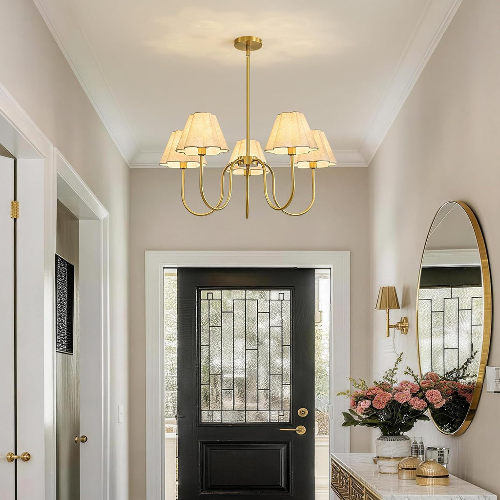 Brass Gold Chandeliers for Dining Room, 28"Light Adjustable Antique Modern Gold Chandelier Light Fixture with Scalloped Linen Fabric Shade, Classic Kitchen Pendant Lights over Table for Bedroom