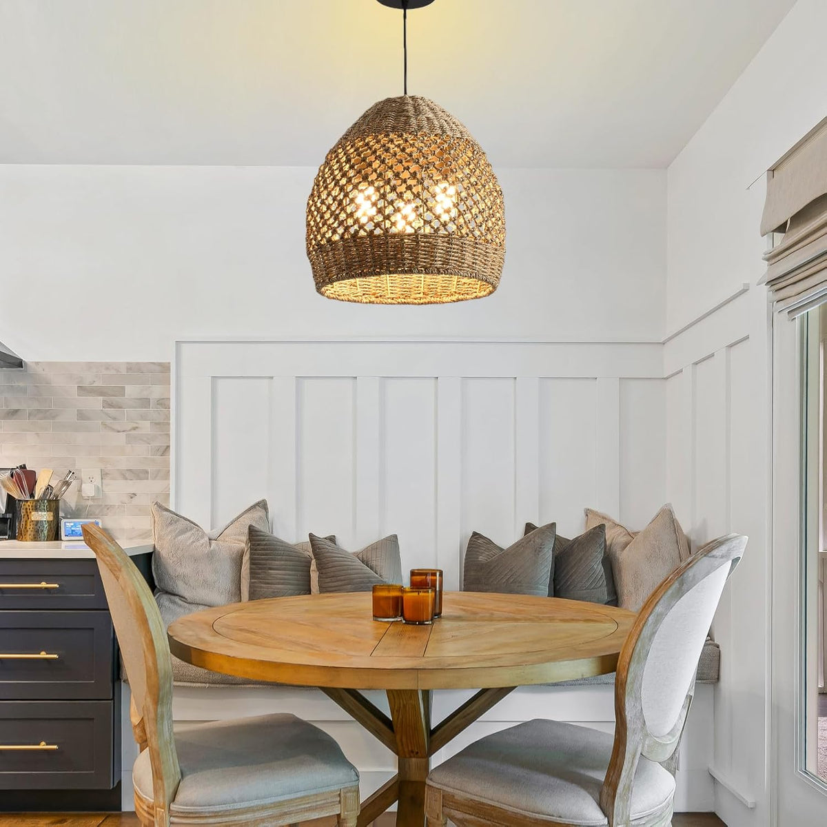 rattan pendant light 13.39in boho coastal wicker hanging, front angle view
