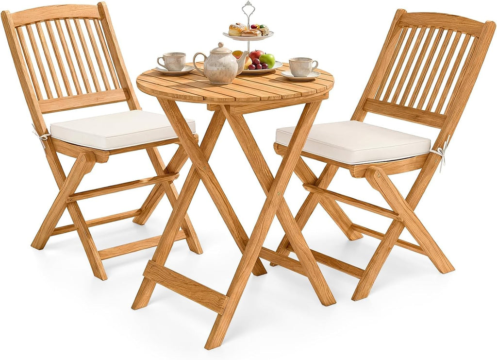 GIANTEX 3 Pieces Acacia Wood Bistro Set, Outdoor Folding Table & Chairs