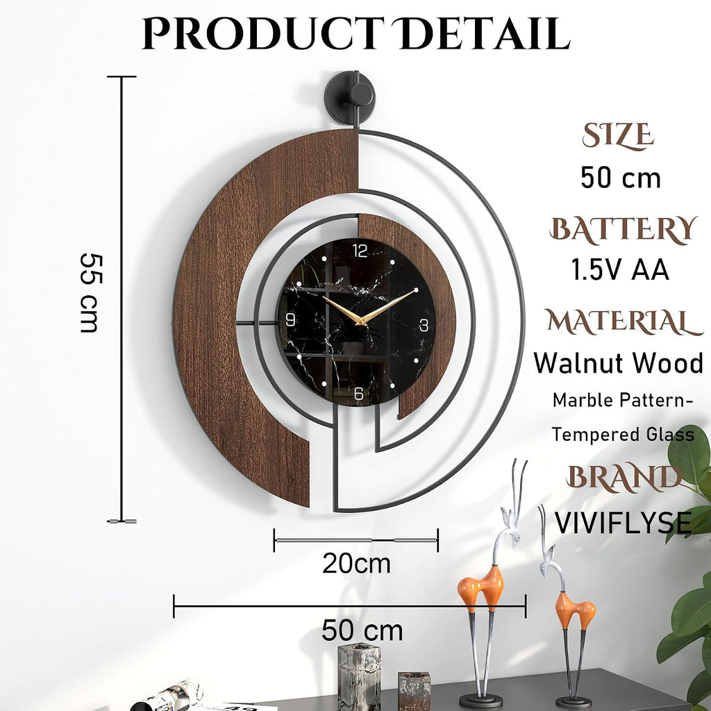 Modern Walnut Marble Dial Wall Clock, Large Wood Metal Frame Silent Non Ticking Wall Clocks for Living Room, Bedroom Decoration, Contemporary Home Wall Decor Gift Idea, 22 in