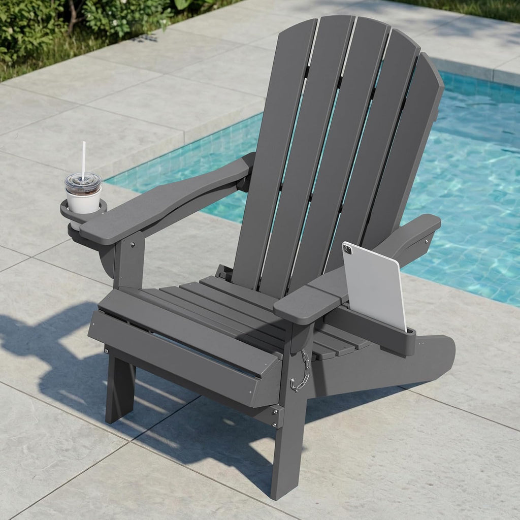 Shintenchi Folding Adirondack Chair,HDPE All-Weather Patio Chair with Cup Holder & Phone Holder,Wooden Textured Fire Pit Chair for Patio,Outside,Deck,Backyard,Dark Grey