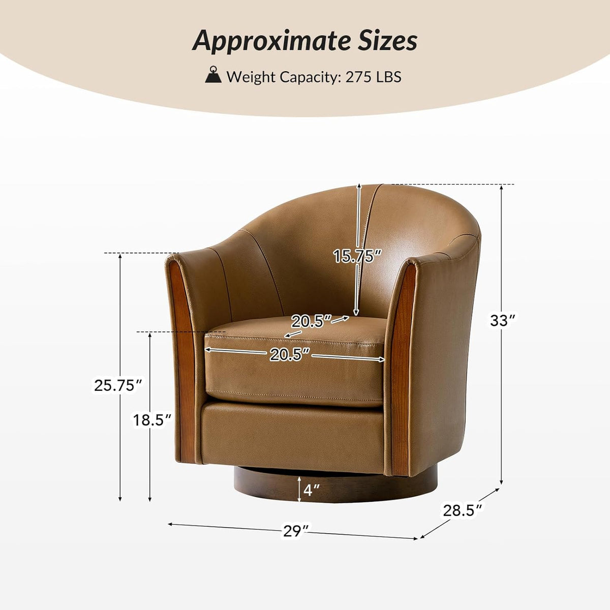 HULALA HOME Leather Swivel Accent Chairs with Wood Base Set of 2, Camel