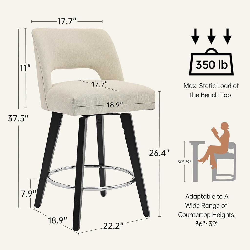 VKNOW 26" Wooden Swivel Counter Height Bar Stools Set of 2 with Open Back