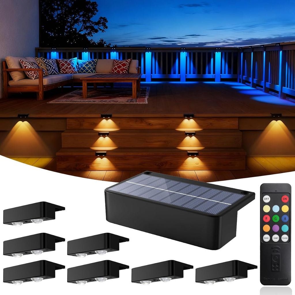 Solar Fence Lights Outdoor with Remote 8 Pack, Warm/Cool White & RGB 12 Modes, Deck Lights Solar Powered Waterproof, Led Backyard Lights for Step Stairs Railing Balcony Patio Decor