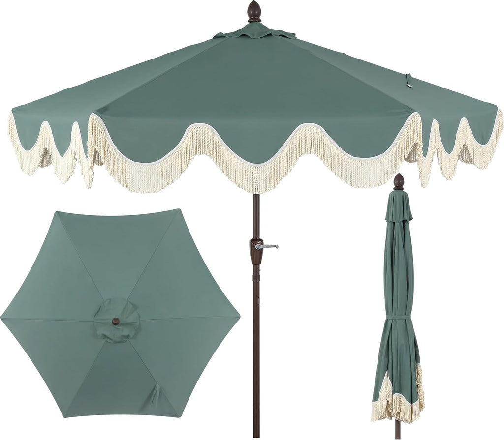 JONATHAN Y UMB1001 Collins 9 ft. Classic Cottage Tassel Market Patio Umbrella with Auto-Tilt, Crank, Wind Vent and UV Protection