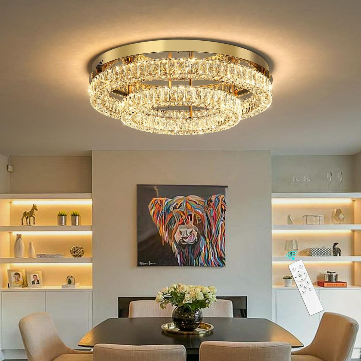 24 Inch Modern Glam Crystal Chandelier with Dimmable LED Light Ceiling Light Fixtures for Bedroom Dining Room Gold Lamp