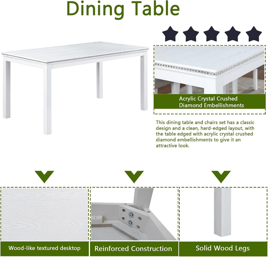 LUMISOL 6-Piece Dining Table Set for 6, Solid Wood Kitchen Table Set with 4 Upholstered Chairs & Bench for Kitchen, Dining Room, Living Room, White