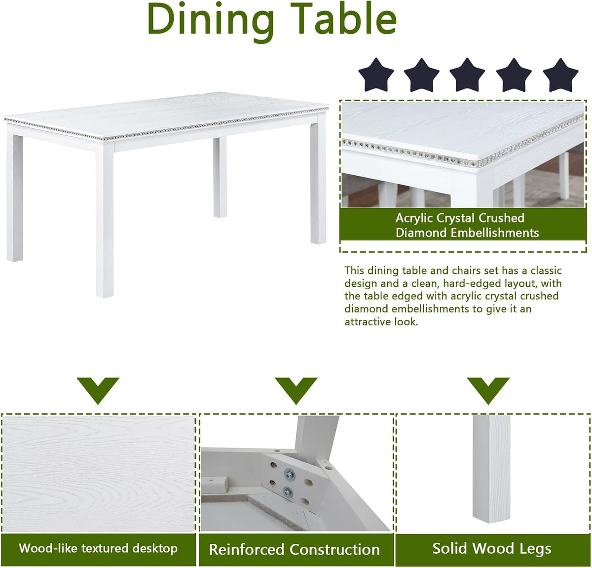 LUMISOL 6-Piece Dining Table Set for 6, Solid Wood Kitchen Table Set with 4 Upholstered Chairs & Bench for Kitchen, Dining Room, Living Room, White