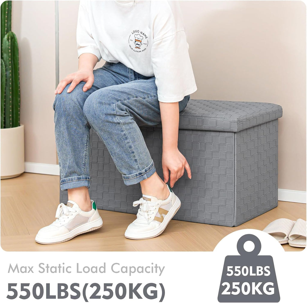 B FSOBEIIALEO Folding Storage Ottoman Bench, 30" Faux Leather Ottomans,Grey